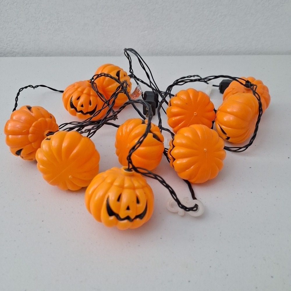 Vintage Pumpkin Blow Mold String Lights Jack-o-Lantern 10 Light Work